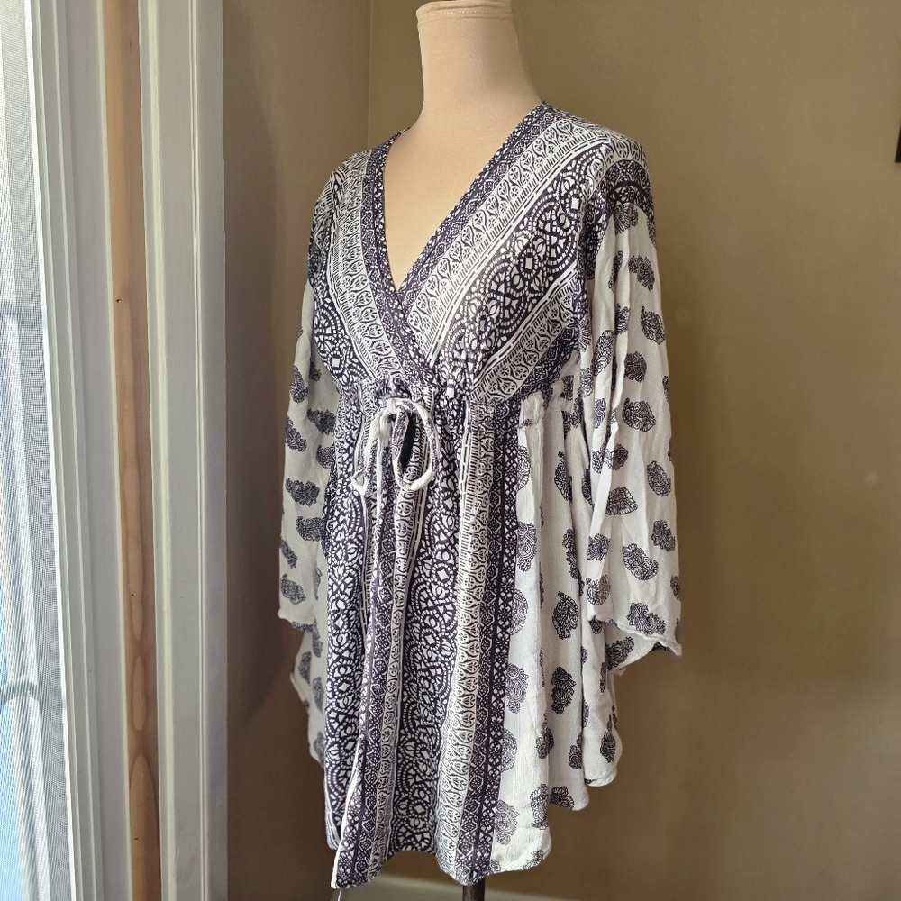 Angie Black & White Paisley Print Mini Kaftan Dress - Size S - Picture 4 of 8